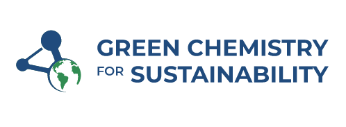 Green Chemistry for Sustainability logo blue text on a white background with a molecule image with one atom replaced by the Earth