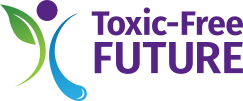 Toxic-Free Future logo shows a green and blue artistic representation of a person on the left and the organization's name on the right in purple font