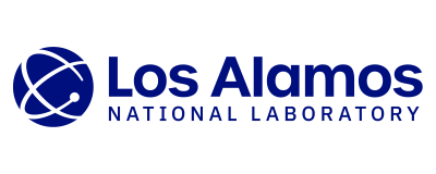 Los Alamos National Laboratories logo in dark blue text with a blue globe with white lines next to it