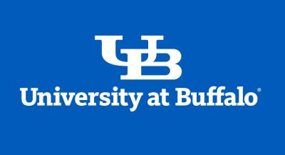 University at Buffalo logo, a large intersecting U and B on top of the university name, all in white font on a bright blue background.