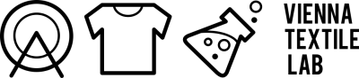 Vienna Textile Lab logo with a circle and lines graphic, a t-shirt graphic, and a beaker graphic lined up in a row