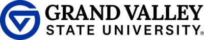Grand Valley State University logo with black text next to a circular blue icon