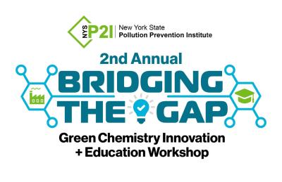 Graphic for the New York State Pollution Prevention Institute’s 2nd Annual Bridging the Gap: Green Chemistry Innovation + Education Workshop, featuring teal and green molecular icons, a factory symbol, a graduation cap, and a lightbulb with a checkmark.