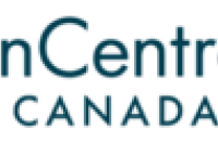 GreenCentre Canada logo blue text on a blank background with small blue and turquoise molecule logo