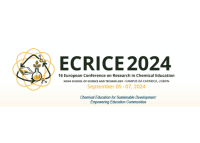 The logo shows a beaker with a plant growing inside with an arrow pointing to a molecule, to a book, and back to the beaker as a closed cycle. To the right, text reads ECRICE 2024, 16th European Conference on Research in Chemical Education, Nova School of Science and Technology- Campus da Caparica, Lisbon. September 05-07,2024. Chemical Education for Sustainable Development: Empowering Education Communities.