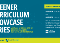 White text saying : Greener Curriculum Showcase Series stands against a turquoise, molecular patterned background. Details included in page.