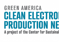 Green America Clean Electronics Production Network logo in blue text with green swirl graphic on the left