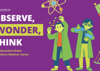 Against a magenta background, two young scientists are drawn in a cartoon style, conducting experiments and surrounded by molecules and beakers. White and yellow text reads: Observe, Wonder, Think