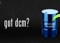 The image shows two blue, metal canisters, one is labelled "DCM" and one is labelled "?" there is a green arrow between them pointing to the "?" the white text reads: got DCM?