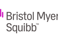 Bristol Myers Squibb logo with pink outline of a hand next to company name in black text