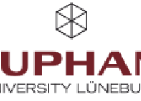 Leuphana University logo with text in capital letters in a burgundy colour and a geometric cube icon in black above the university name.