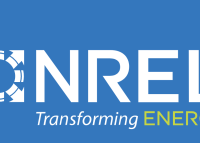 NREL logo in white text on a bright blue background. Icon showing arrows around a circle is to the left of the logo, and the subheading reads NREL: Transforming Energy beneath the logo.