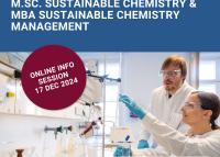 Blue banner at the top showing the event title in white font. Photograph below of two chemists in the lab with goggles, gloves, and lab coats, holding glassware attached to a rotary stand and discussing the level of solvent in the glassware. A red circle with white font at the top left shows the info session time and the ISC3 and Leuphana University logos are in the bottom right corner of the image.