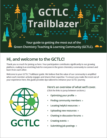 GCTLC trailblazer cover page with top banner white text on green background with nature and science cartoon art and black text on white background below it with large GCTLC globe logo