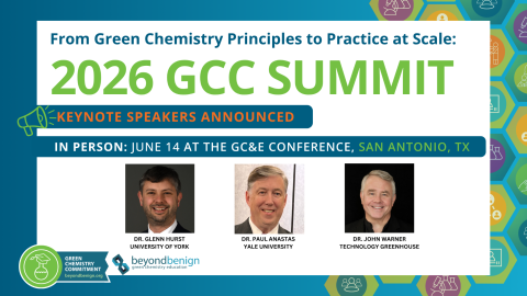 Graphic announcing the 2026 Green Chemistry Commitment Summit keynote speakers. The summit, titled “From Green Chemistry Principles to Practice at Scale,” will take place in person on June 14 at the GC&E Conference in San Antonio, Texas. Featured keynote speakers are Dr. Glenn Hurst of the University of York, Dr. Paul Anastas of Yale University, and Dr. John Warner of Technology Greenhouse.