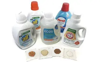 Five bottles of various laundry detergents and 4 samples of stains on fabric