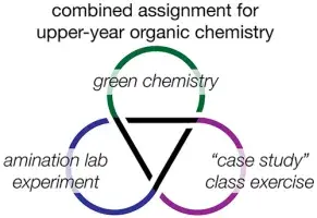 A clover-shaped infographic with text showing that this learning object encompasses green chemistry, an amination experiement, and a "case study" class exercise for students.