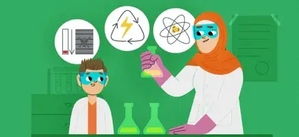 Two people wearing lab coats and looking at green flasks in a laboratory. A boy with brown hair and a woman wearing an orange headscarf.