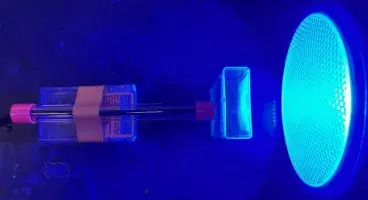Vernier light sensor, Tic Tac sample holders, and blue light source used to study the photochemical decolorization of curcumin.