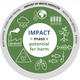 Circular green image showing icons like an industry, the hazard symbol, animals and plants. Also, there is an inner circle that contains the text: "IMPACT = mass x potential for harm"