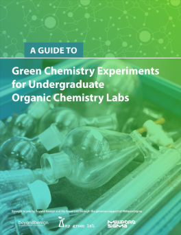 Guidebook cover showing a photograph of chemistry glassware with a blue and green filter on top with the following text written in white: A Guide To Green Chemistry Experiments for Undergraduate Organic Chemistry Labs.