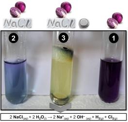 Experimental demonstration. Test tube (3) after reaction, where the natural indicator changed the colour, comparable with test tube (1) (solution of indicator red cabbage) and test tube (2) (solution of indicator red cabbage, with addition of salt water). Electrolysis of an aqueous NaCl solution gives a mixture of hydrogen (H2) and chlorine (Cl2) gases and an aqueous sodium hydroxide solution (NaOH).