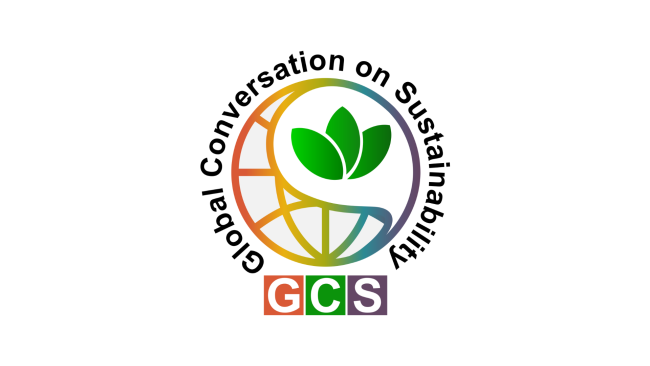 The GCS logo, a rainbow globe split in half with a three pointed leaf. Text reads global conversation on sustainability, GCS.