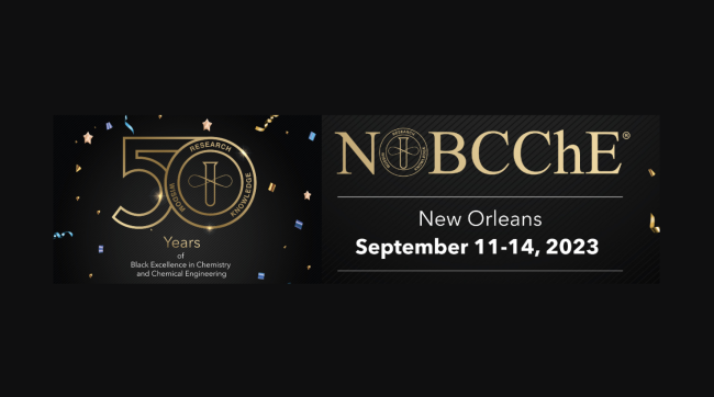 Gold text and multi-color confetti against a black background. The text reads: 50 years of Black Excellence in Chemistry and Chemical Engineering, NOBCChE New Orleans September 11-14, 2023.