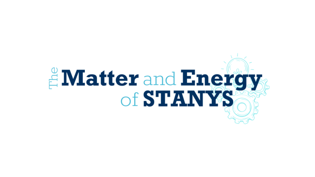 Dark blue and light blue text with lightbulb and cog graphics. The text reads: The Matter and Energy of STANYS