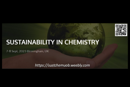 A hand holds a globe against a green background. White text reads: Sustainability in Chemistry: 7-8 September, 2023, Birmingham, UK