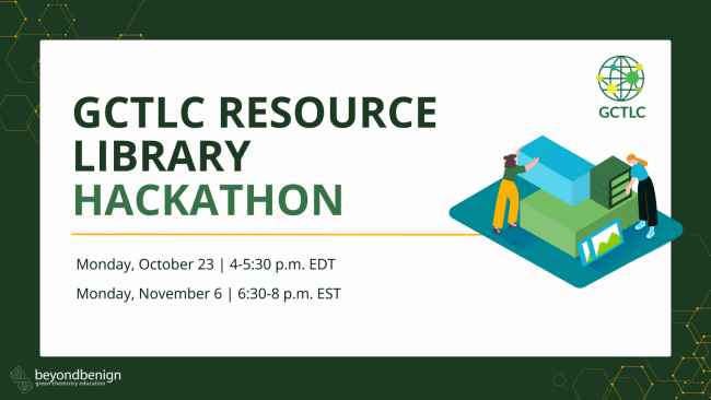 G.C.T.L.C. hackathon image with green text on a white background showing dates and times