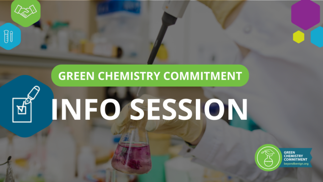 white text against a picture of a titration reads: Green Chemistry Commitment Info Session