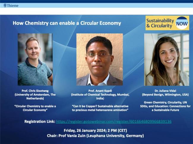 Three scientists smile at the viewer against a blue background. Photo includes event details which can be found in the event description.