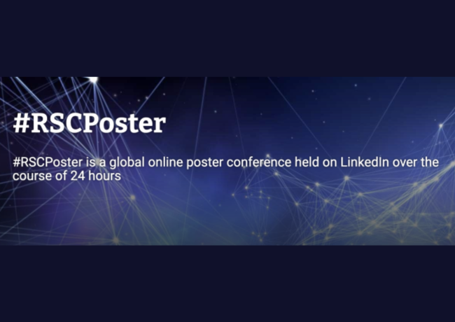 white text against a blue molecular background reads: #RSCPoster is a global online poster conference held on Linkedin over the course of 24 hours