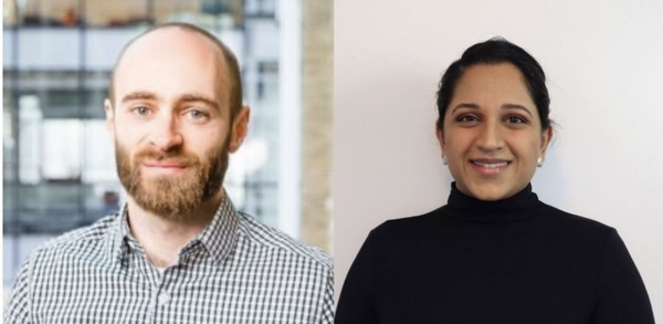Two scientists smile at the camera. Jonathon Moir, pictured left, is a white man with a brown beard, wearing a button up shirt and standing against a city scape background. Nimrat Obhi is a person with dark hair and brown skin, wearing a black turtleneck and standing against a white background.