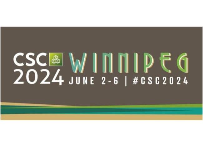 A brown banner with green and tan elements a the bottom. White text reads: CSC 2024 with the CSC logo (a molecular design). Green capitalized text reads Winnipeg, followed by white text reading: June 2-6, #CSC2024