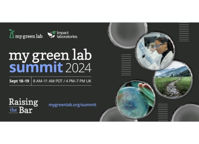 poster for My Green Lab Summit with white text on a black background and lenses showing a scientist working and other images