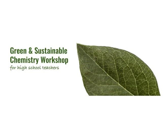 logo for green and sustainable chemistry high school workshop with green text next to a large green leaf