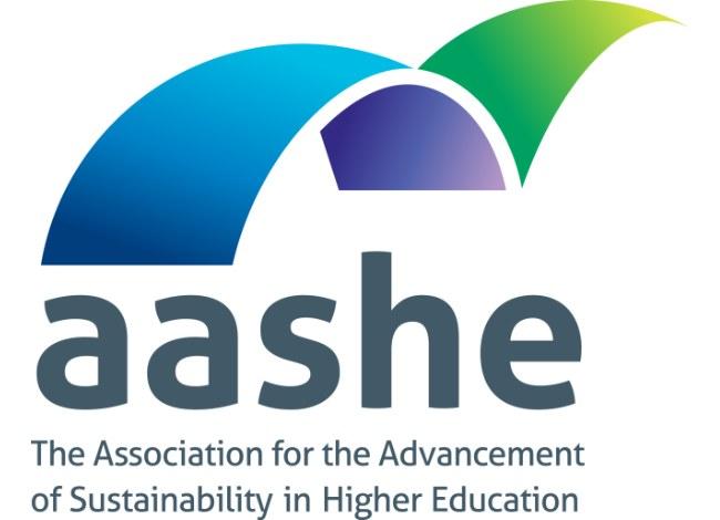 AASHE logo blue text with a swooping blue figure above it