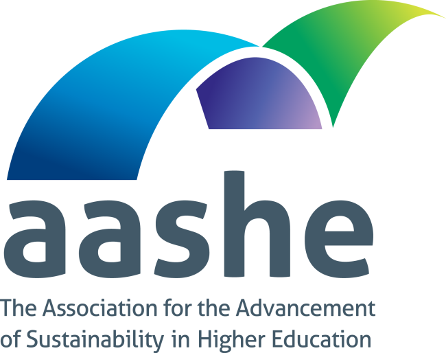 logo for association for the advancement of sustainability in higher education (AASHE) with letters underneath a swooping multicolored ribbon