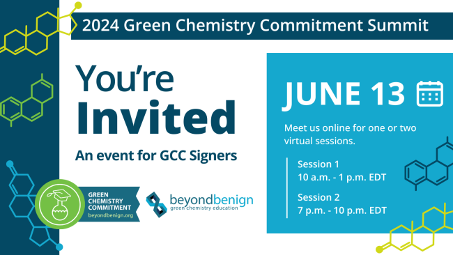 A blue, turqoise, and green infographic includes molecular designs and explains the event details