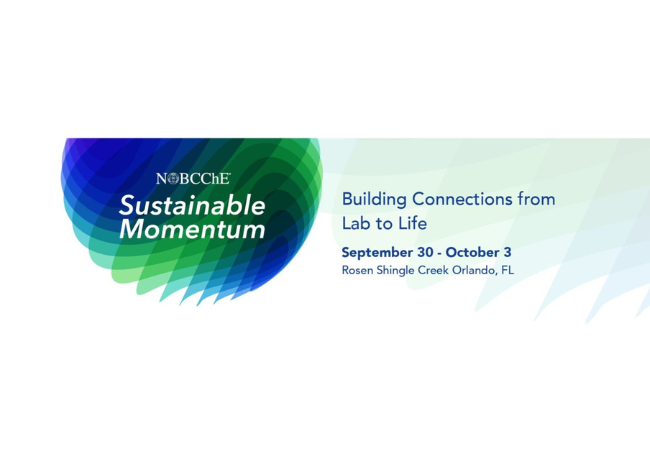 A multi-layered, abstract blue and green sphere sits behind the following text: NOBCChE, Sustainable Momentum. Next to it sits blue text, reading: Building Connections from Lab to Life, September 30 - October 3, Rosen Shingle Creek Orlando, FL