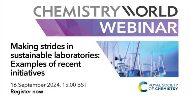 Chemistry World and RSC webinar image showing generic lab glassware and the title of the event