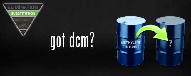 The image shows two blue, metal canisters, one is labelled "DCM" and one is labelled "?" there is a green arrow between them pointing to the "?" the white text reads: got DCM?