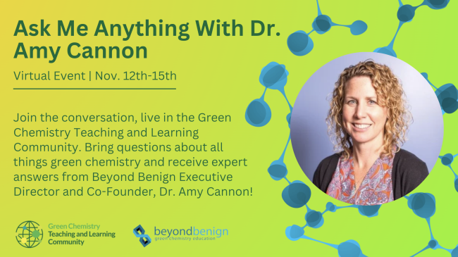 Details for the Ask Me Anything interview event and Amy Cannon's photograph on a lime green and blue background.