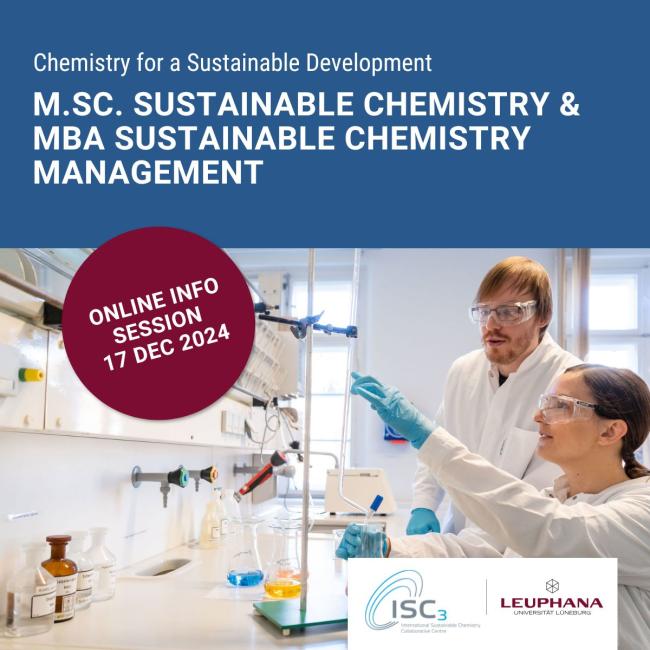 Blue banner at the top showing the event title in white font. Photograph below of two chemists in the lab with goggles, gloves, and lab coats, holding glassware attached to a rotary stand and discussing the level of solvent in the glassware. A red circle with white font at the top left shows the info session time and the ISC3 and Leuphana University logos are in the bottom right corner of the image.