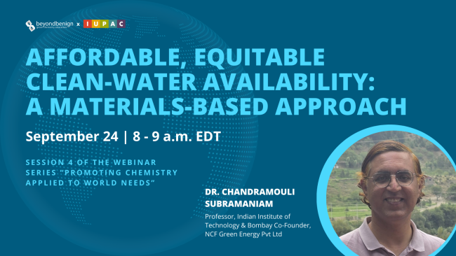 a man smiles against a turqoise background. text reads: Affordable, Equitable Clean Water Availability: A Materials-Based Approach