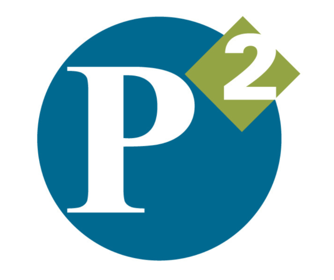 P2 logo with capital P and superscript 2 on a blue circle with green diamond behind the 2