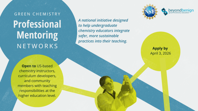 Green Chemistry Professional Mentoring Networks cover image with blue and yellow bubbles and white and blue text