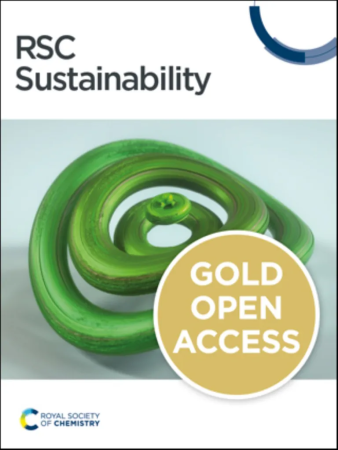 rsc sustainability journal cover with dark green text on a white background above an image of 3-dimensional green concentric rings floating above a table